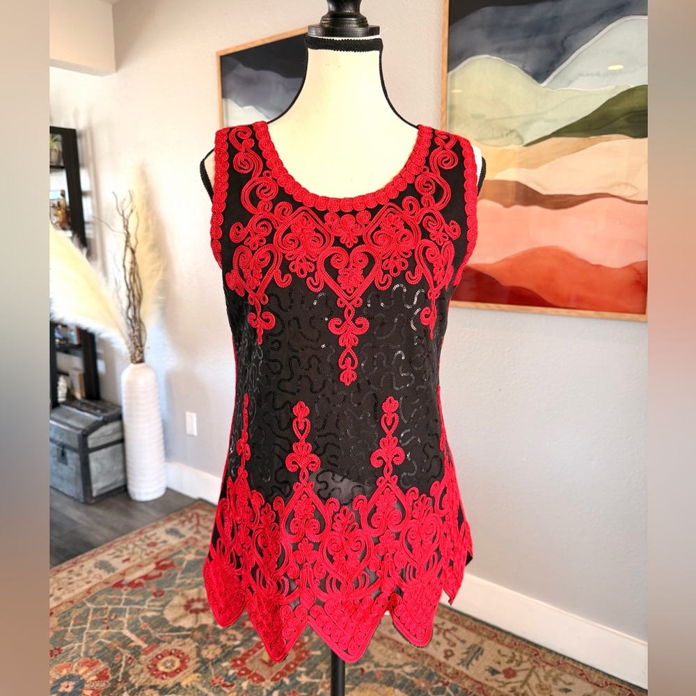 Juliette Red and Black Sequined Sleeveless Top